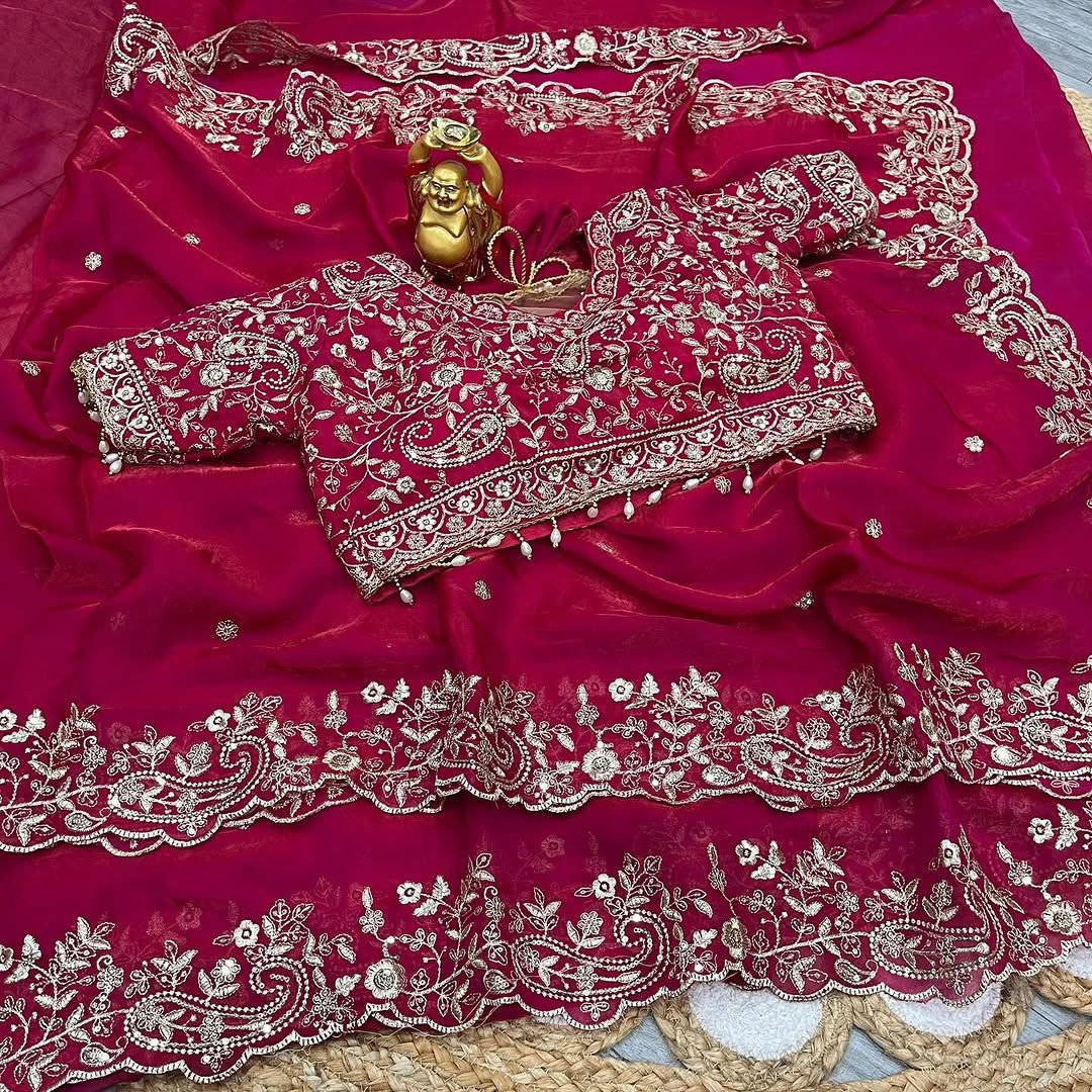 Space Silk Embroidery work saree with stitched blouse