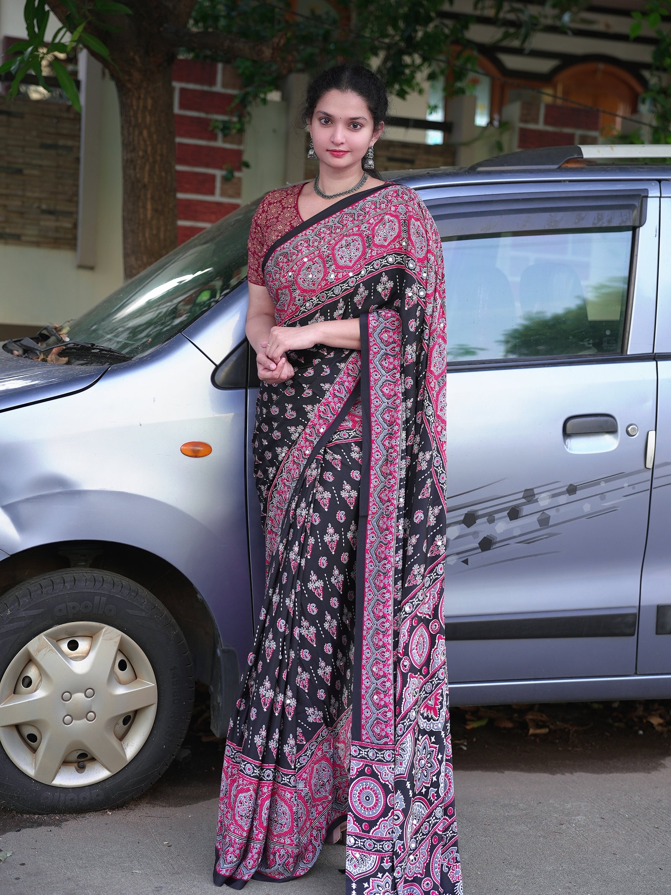 Ajrak crepe silk mirror saree
