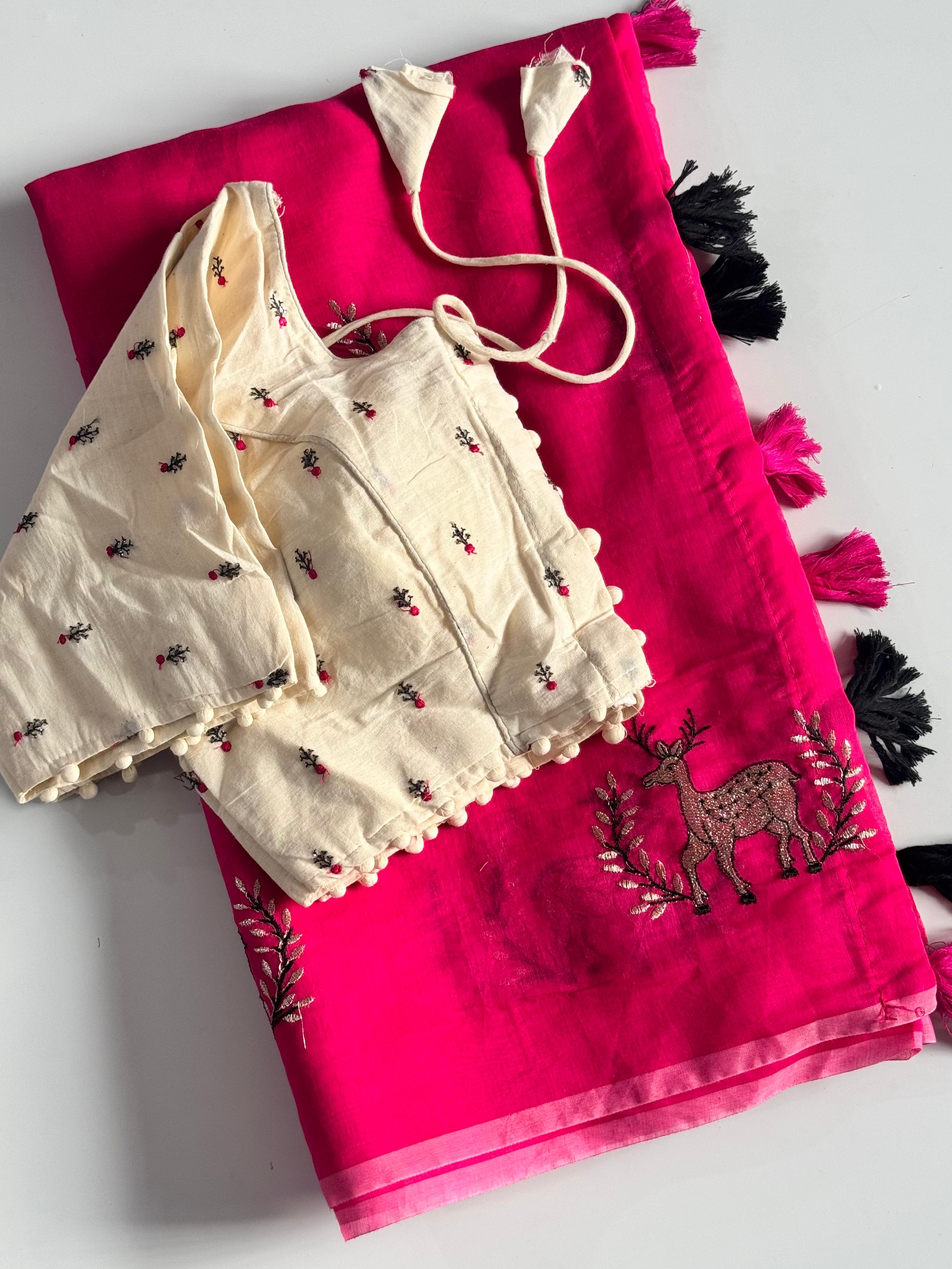 Premium Chanderi Silk Saree Fully Stitched blouse