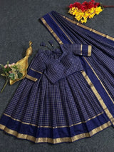 Viscose georgette vintage checks fully stitched half sareee