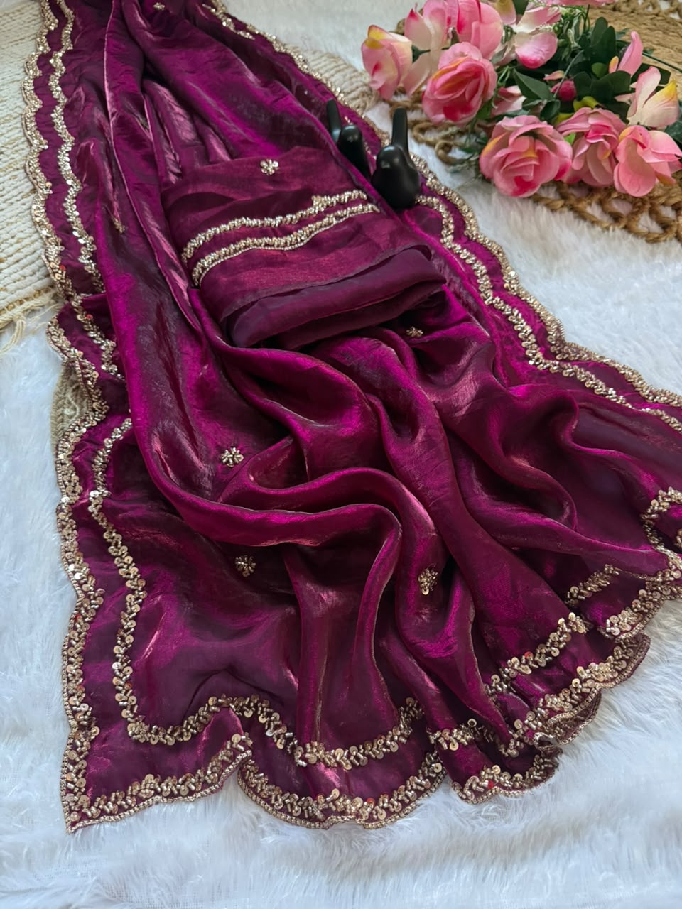 Space silk original handwork gold beads saree