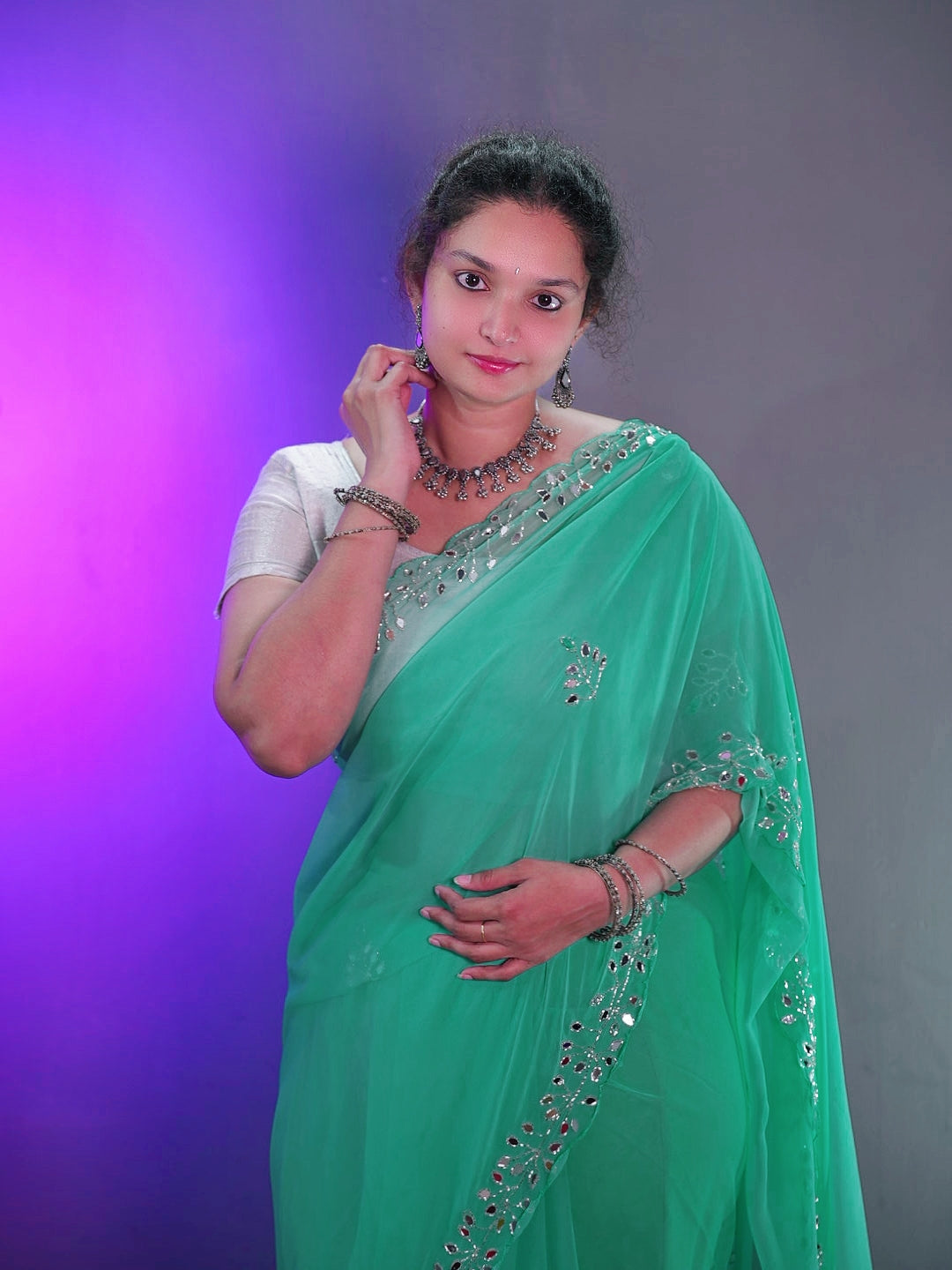 Fancy handwork mirrors and beads work georgette saree