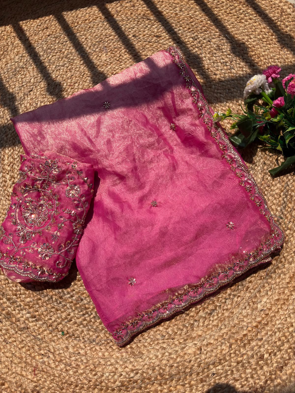 Pure space silk gold glass beads work saree