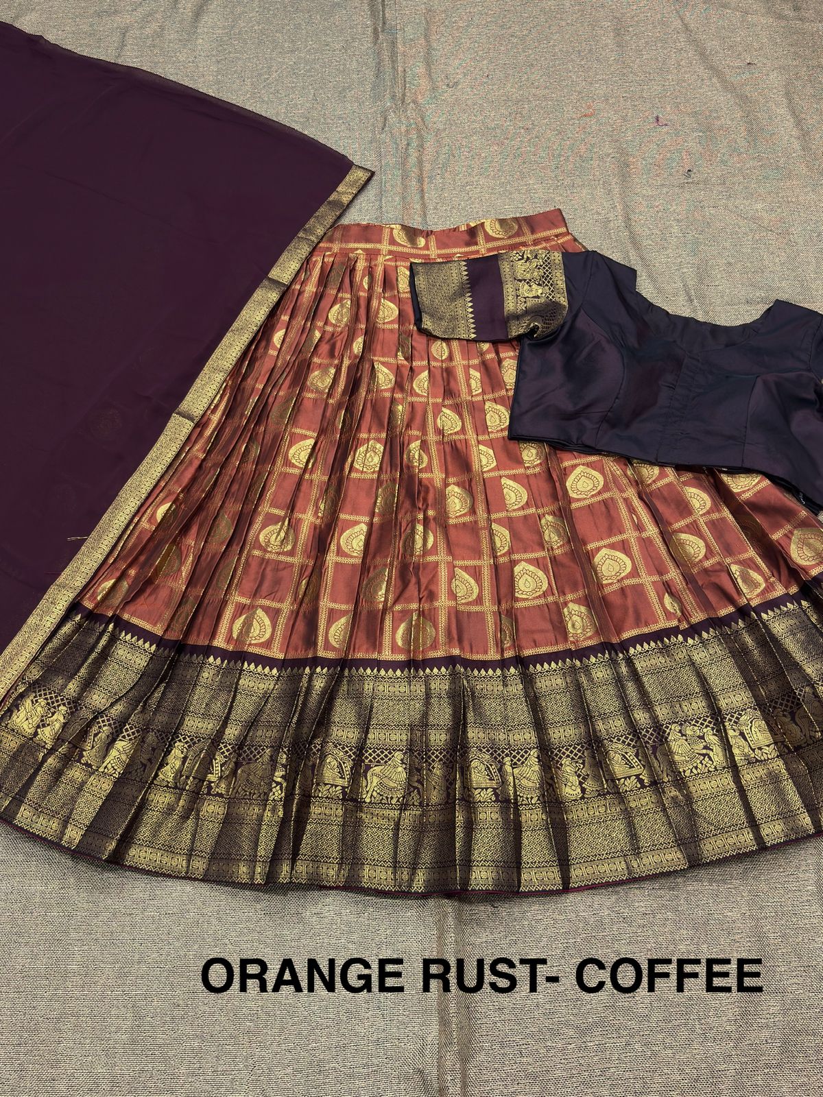 Rust orange and chocolate traditional fully stitched half saree