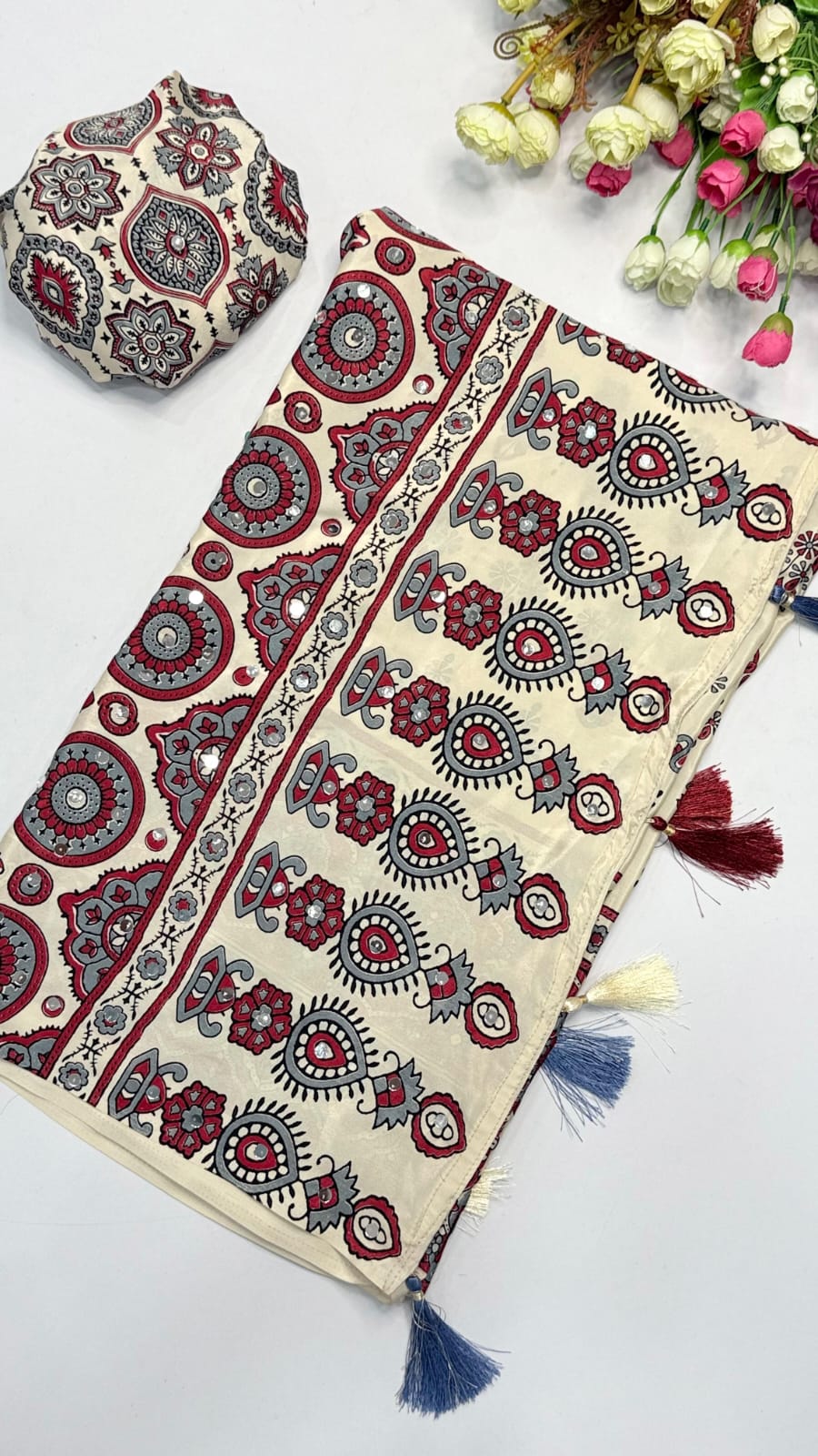 Ajrak mirror trending saree