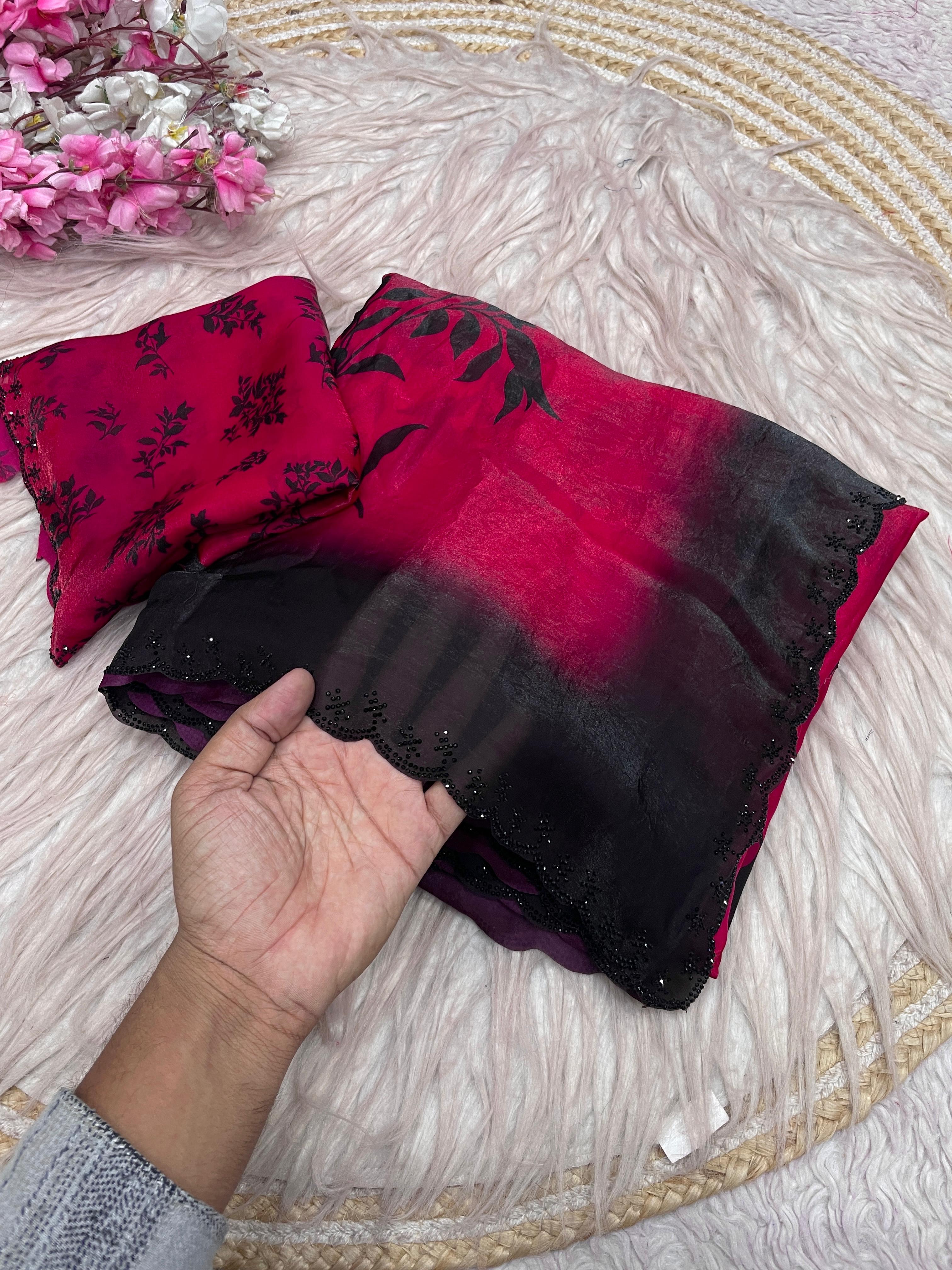 Space silk digital print with jarkhan work partywear saree