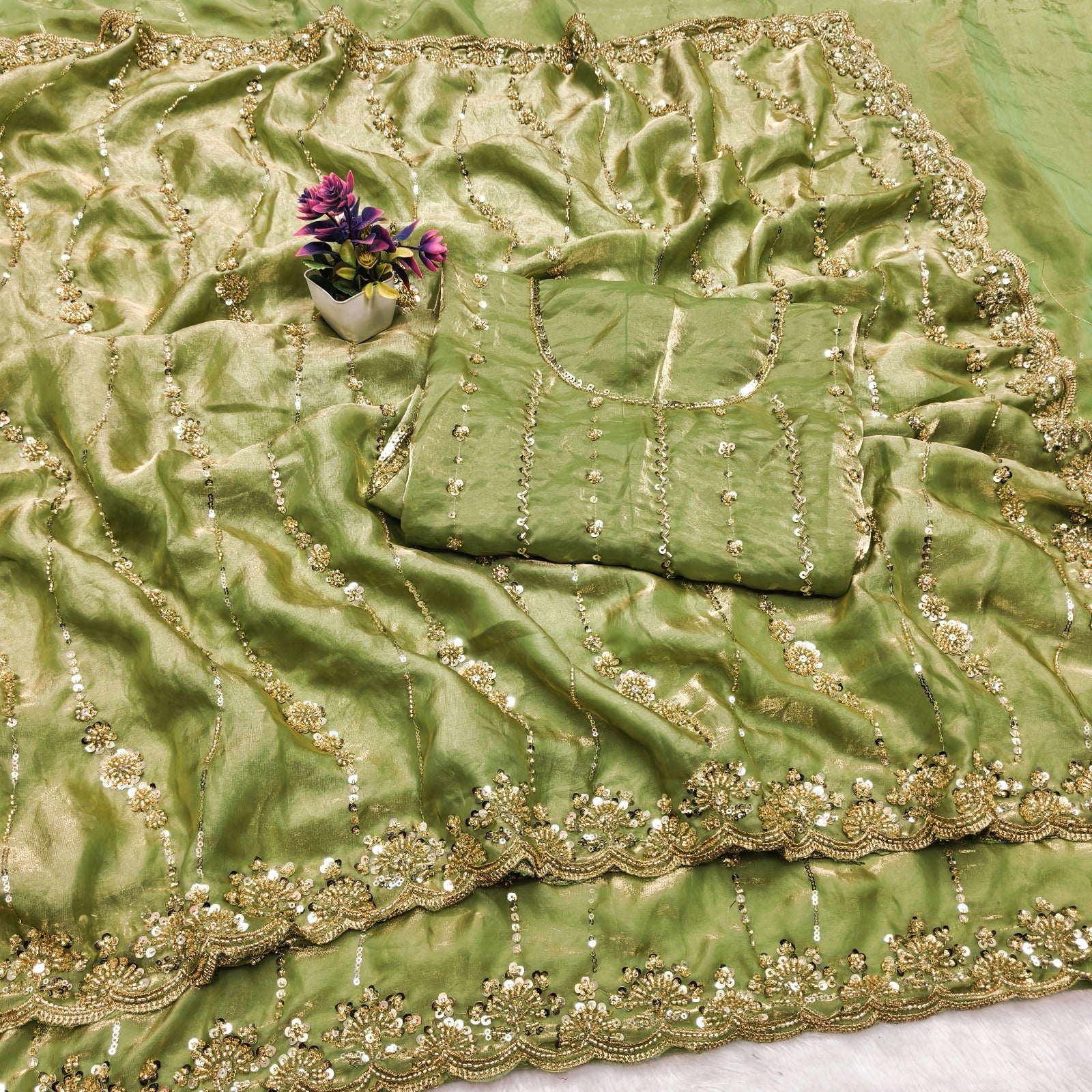 Space silk gold beads work saree