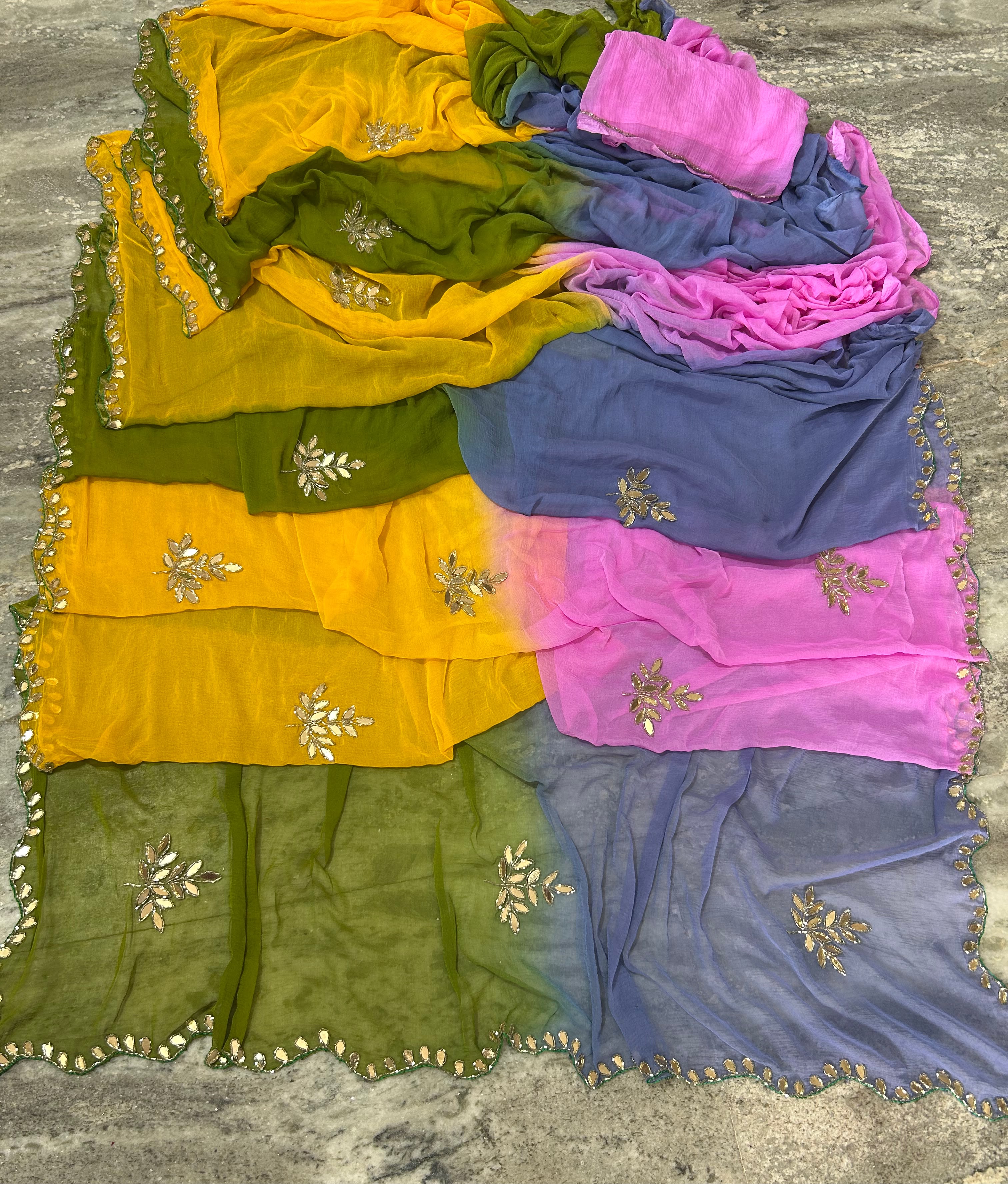 Chiffon multi shaded hand work sarees
