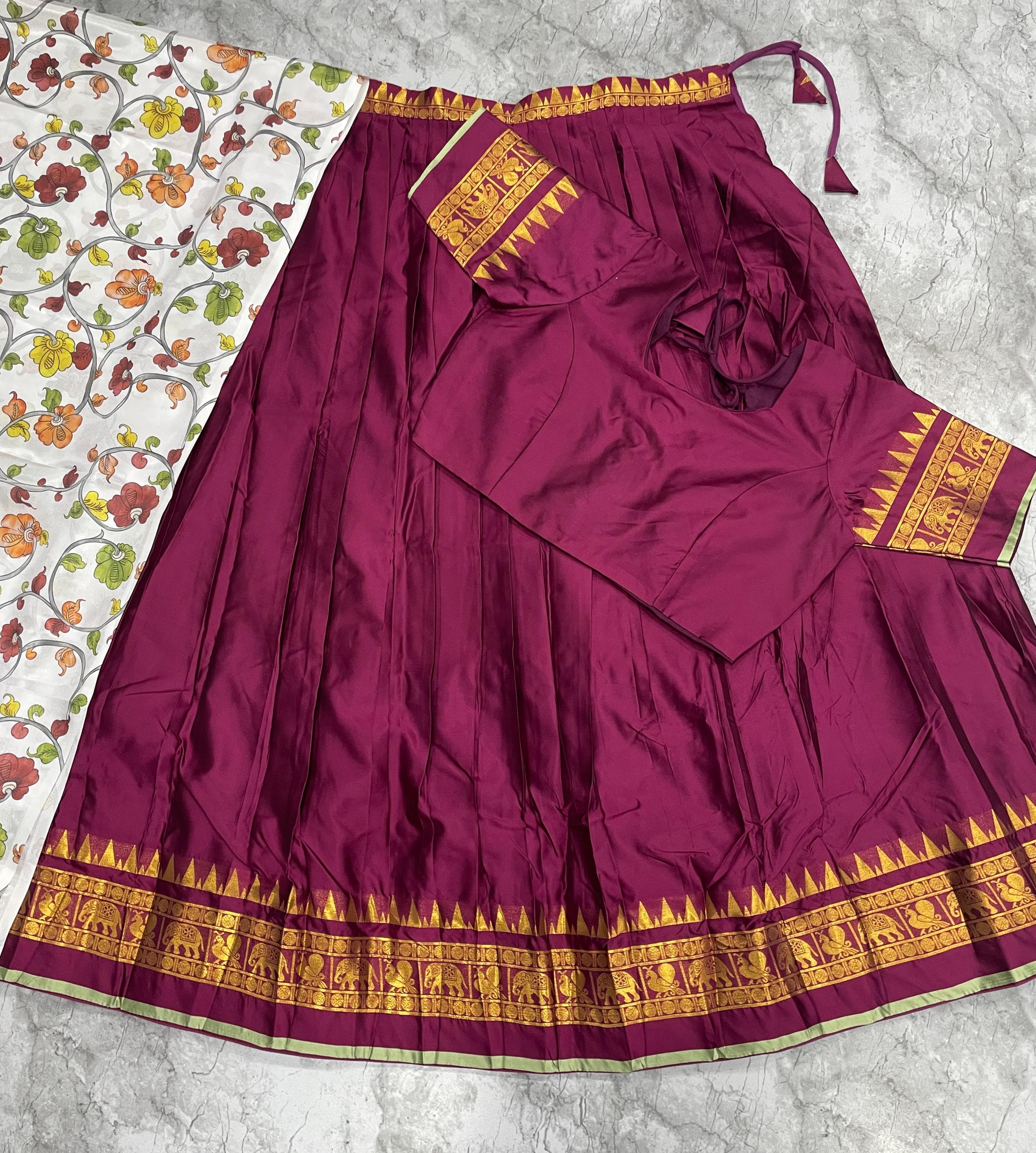 Chettinad pattu fully stitched kalamkari half saree