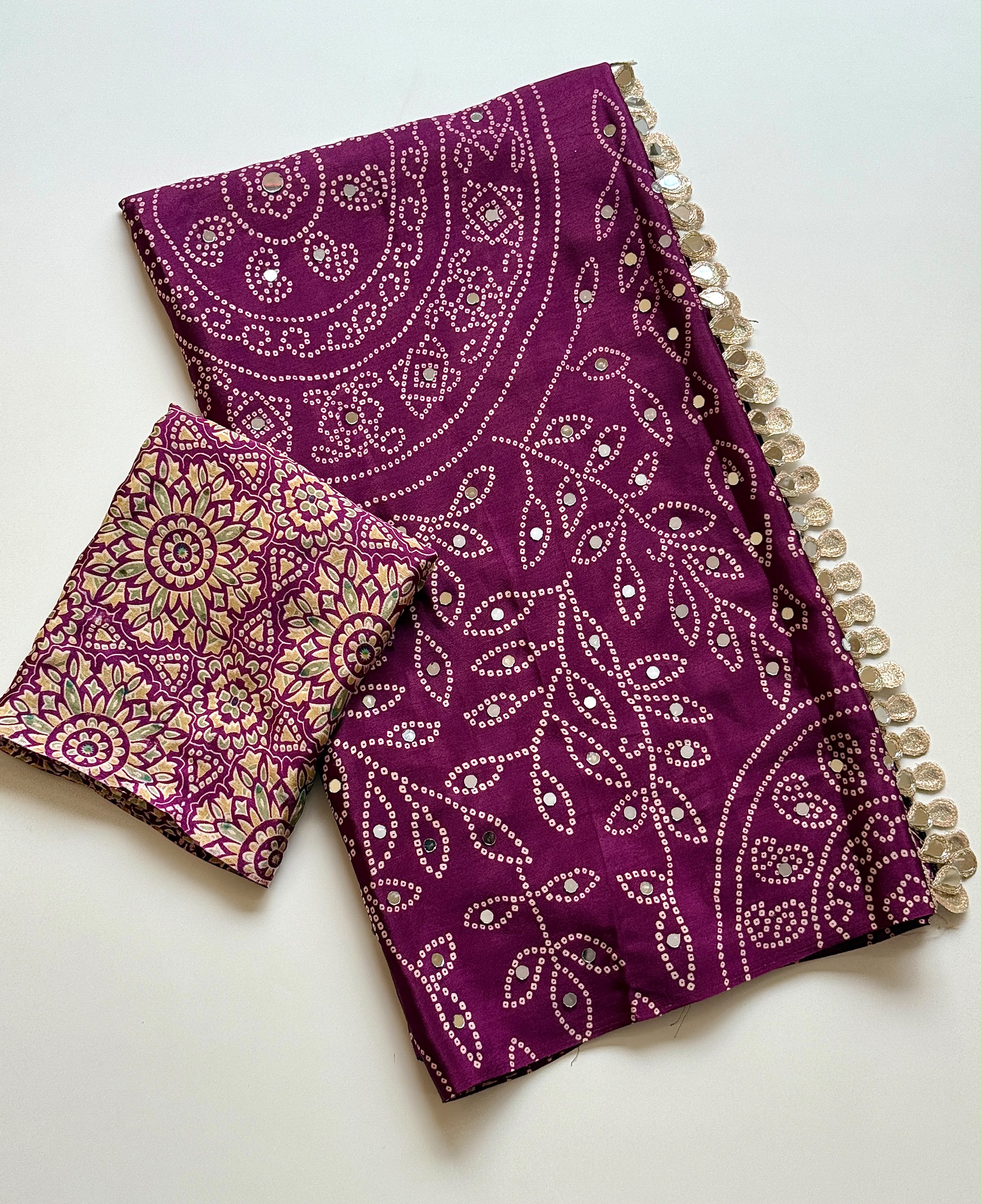 Ajrak design crepe silk mirror saree