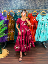 Chanderi floral embroidery maxi frocks for women