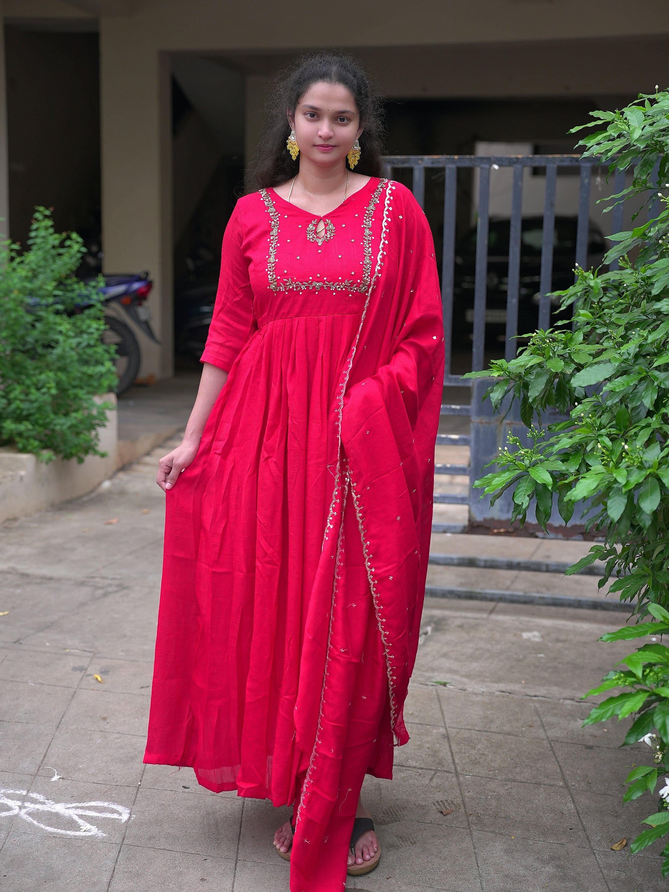 Vichitra silk full stitched anarkali set