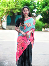 Stylish satin floral printed handwork saree