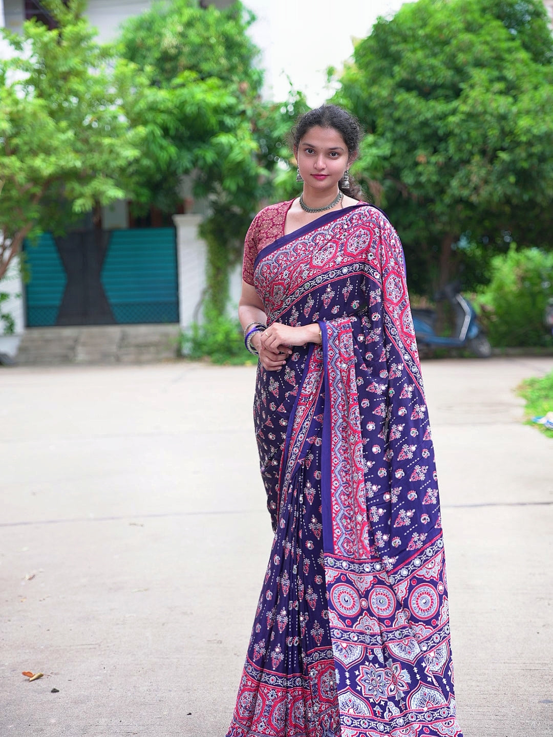 Ajrak crepe silk mirror saree