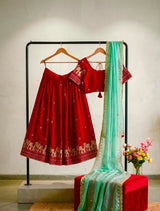 Heavy party wear Red-Ice blue fully stitched lehanga
