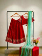 Heavy party wear Red-Ice blue fully stitched lehanga