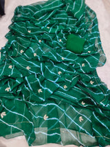 Chiffon lehriya leaf buttis handwork saree