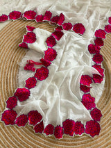 Ivory white and rose petals cutwork saree