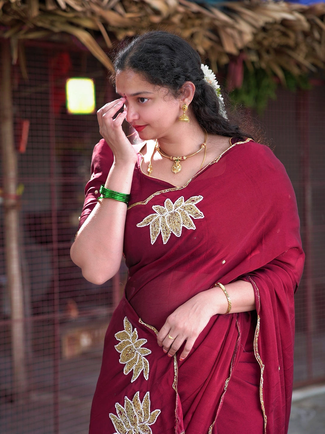 Soft rangoli crush lotus handwork saree