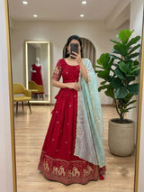 Heavy party wear Red-Ice blue fully stitched lehanga