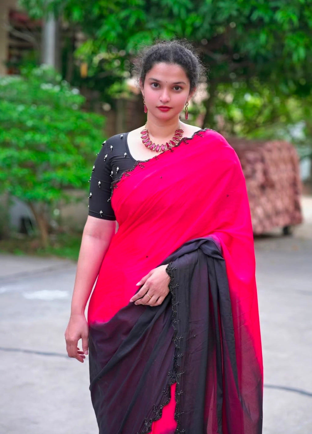 Kajal inspired chinnon dual shade handwork saree