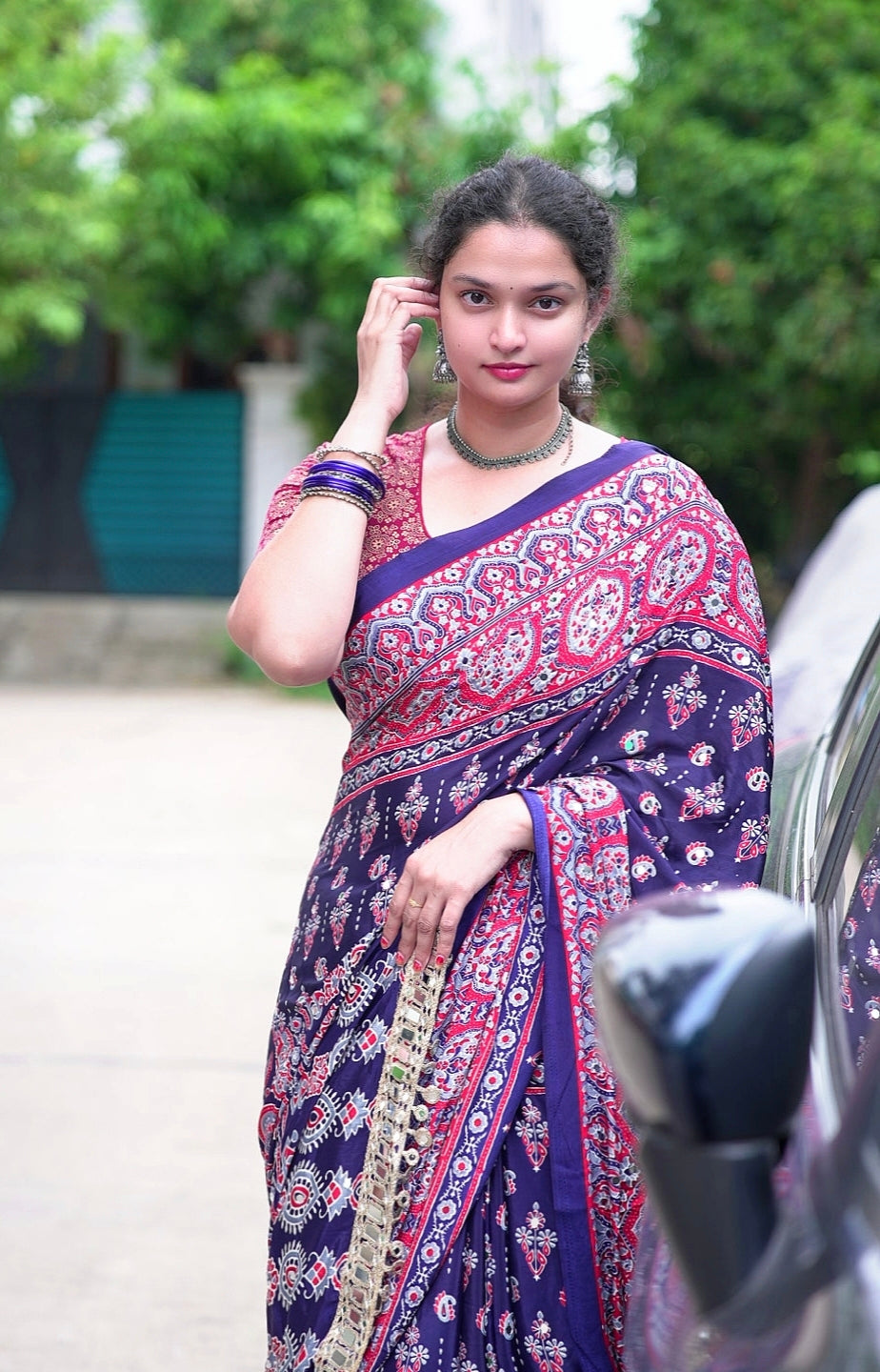 Ajrak crepe silk mirror saree