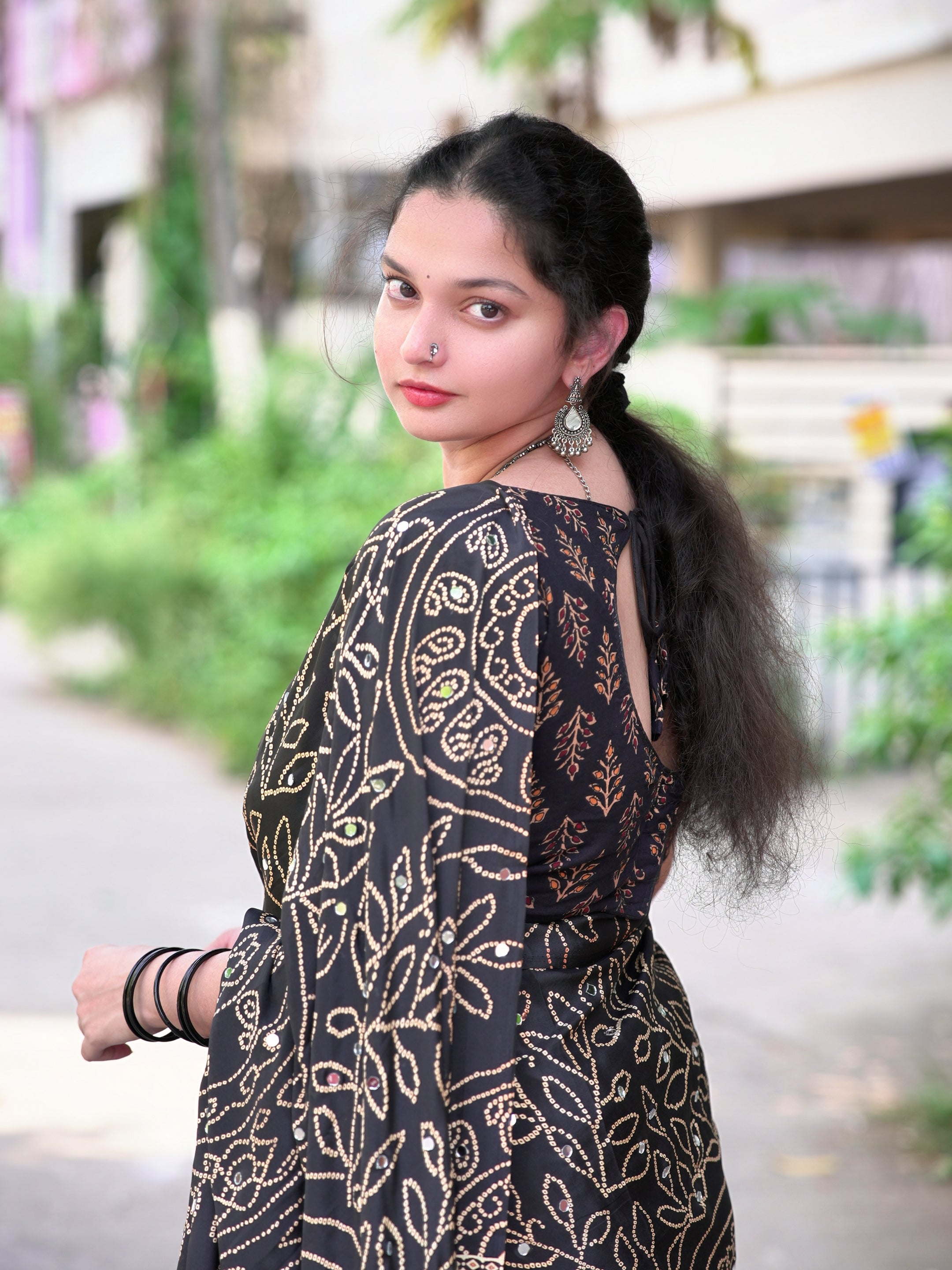 Ajrak design crepe silk mirror saree