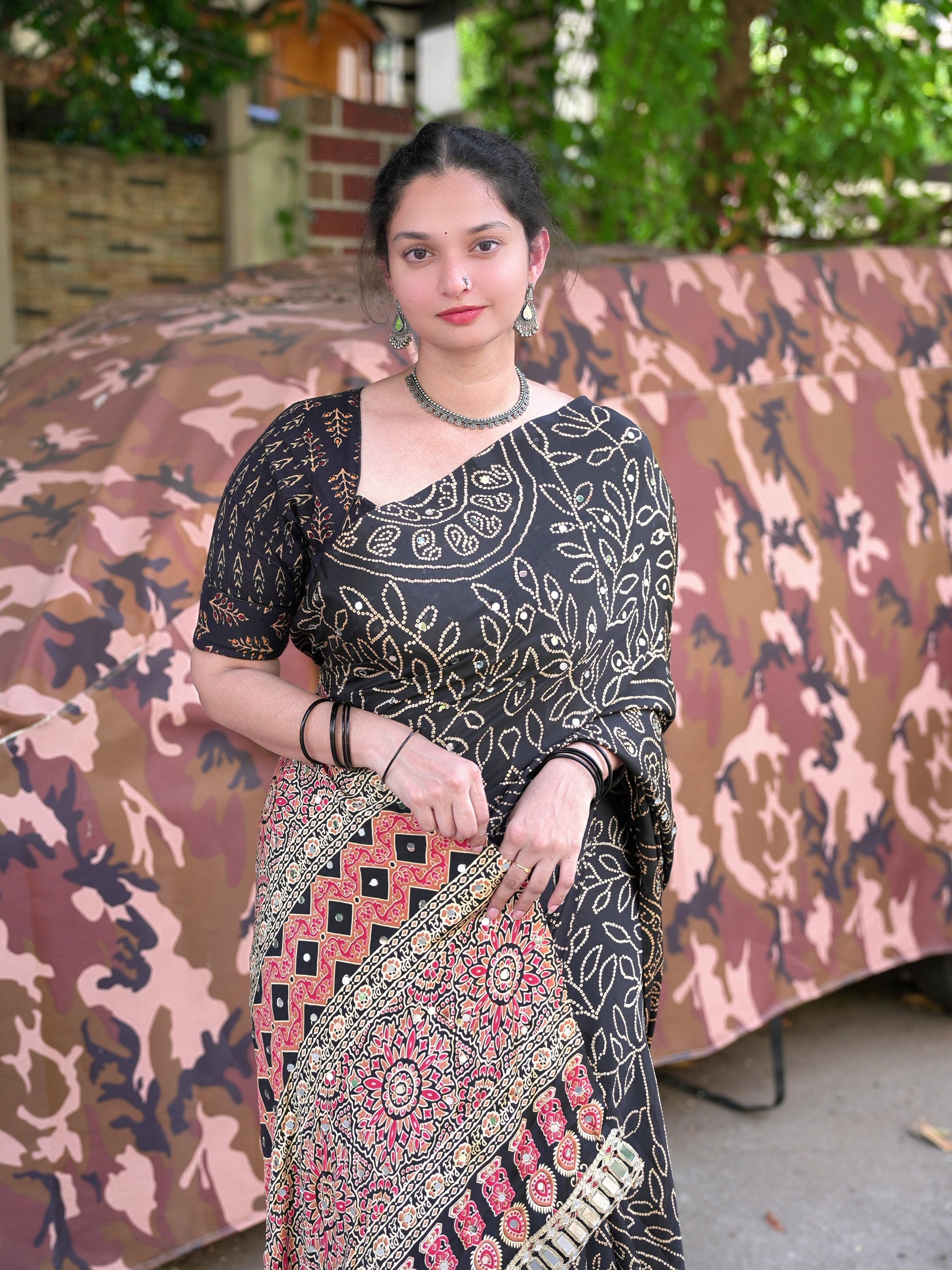 Ajrak design crepe silk mirror saree