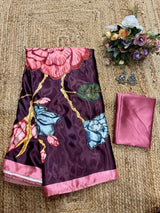 Stylish satin floral printed handwork saree