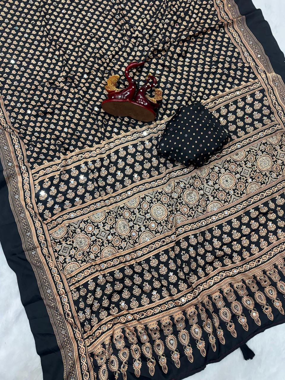Semi modal crepe silk ajrak mirror saree