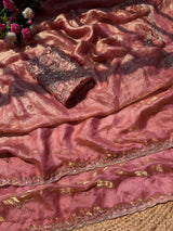 Pure space silk gold glass beads work saree