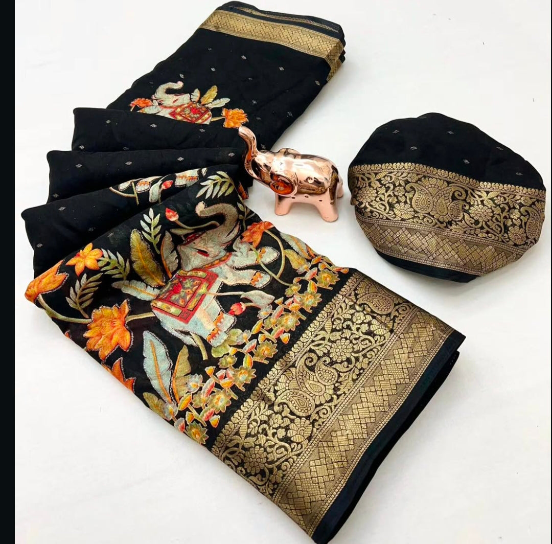 Marshmallow elephant zari weaving saree