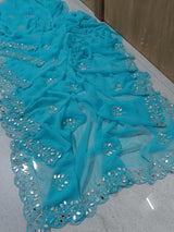 Fancy handwork mirrors and beads work georgette saree