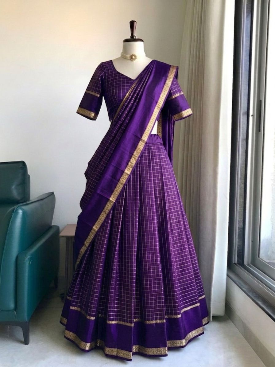 Viscose georgette vintage checks fully stitched half sareee