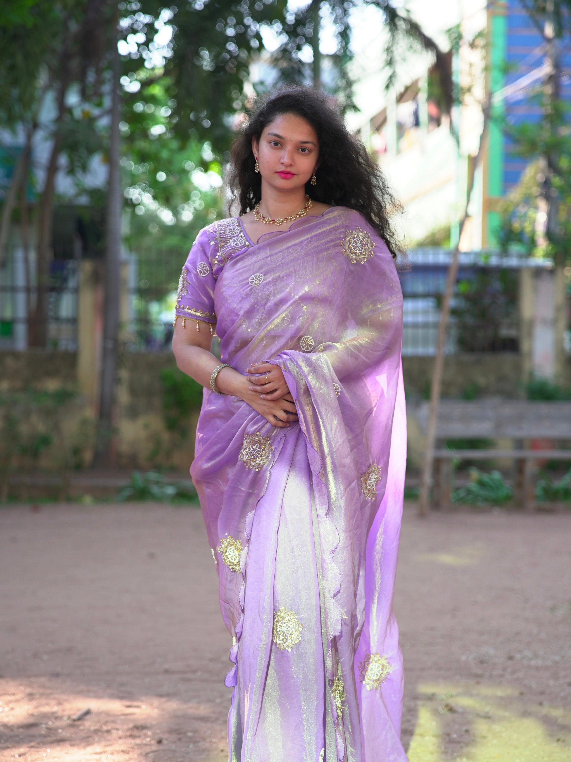 Space silk Beads work Stitched blouse saree