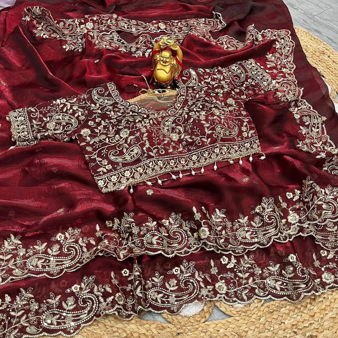 Space Silk Embroidery work saree with stitched blouse