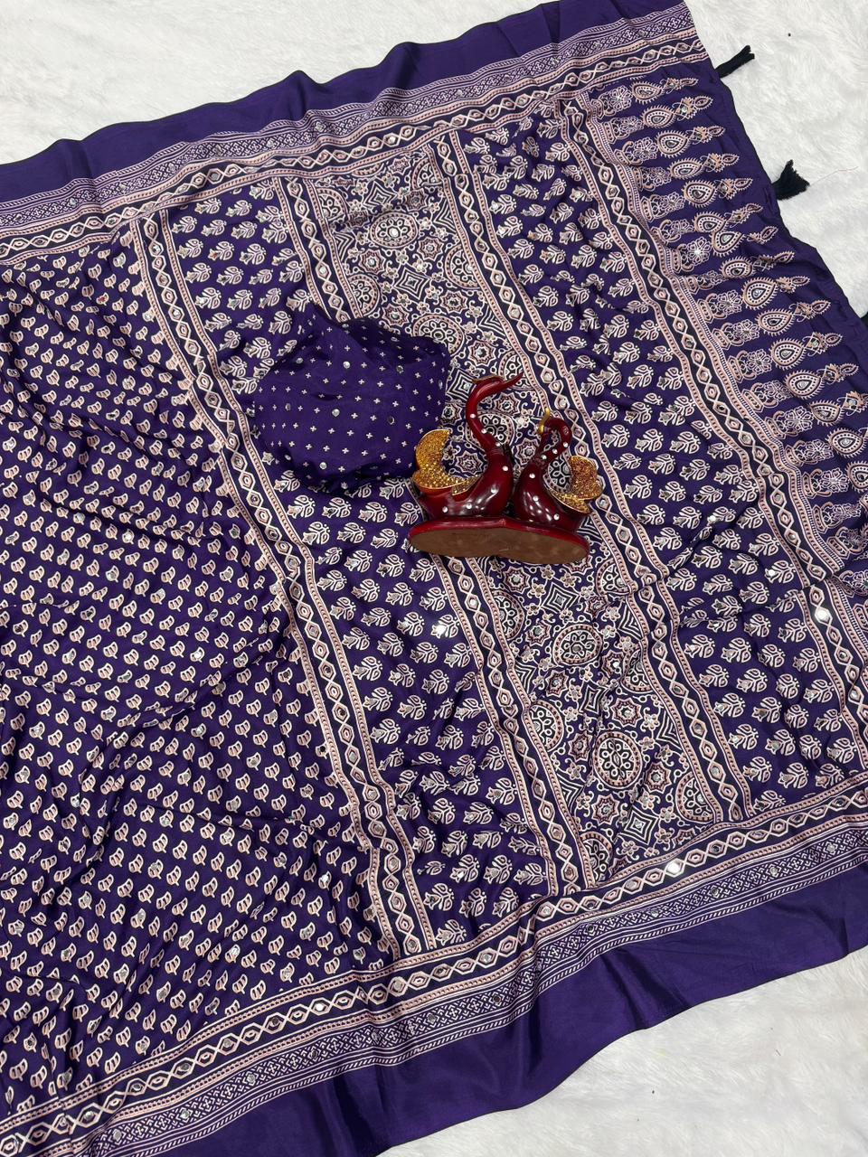 Semi modal crepe silk ajrak mirror saree