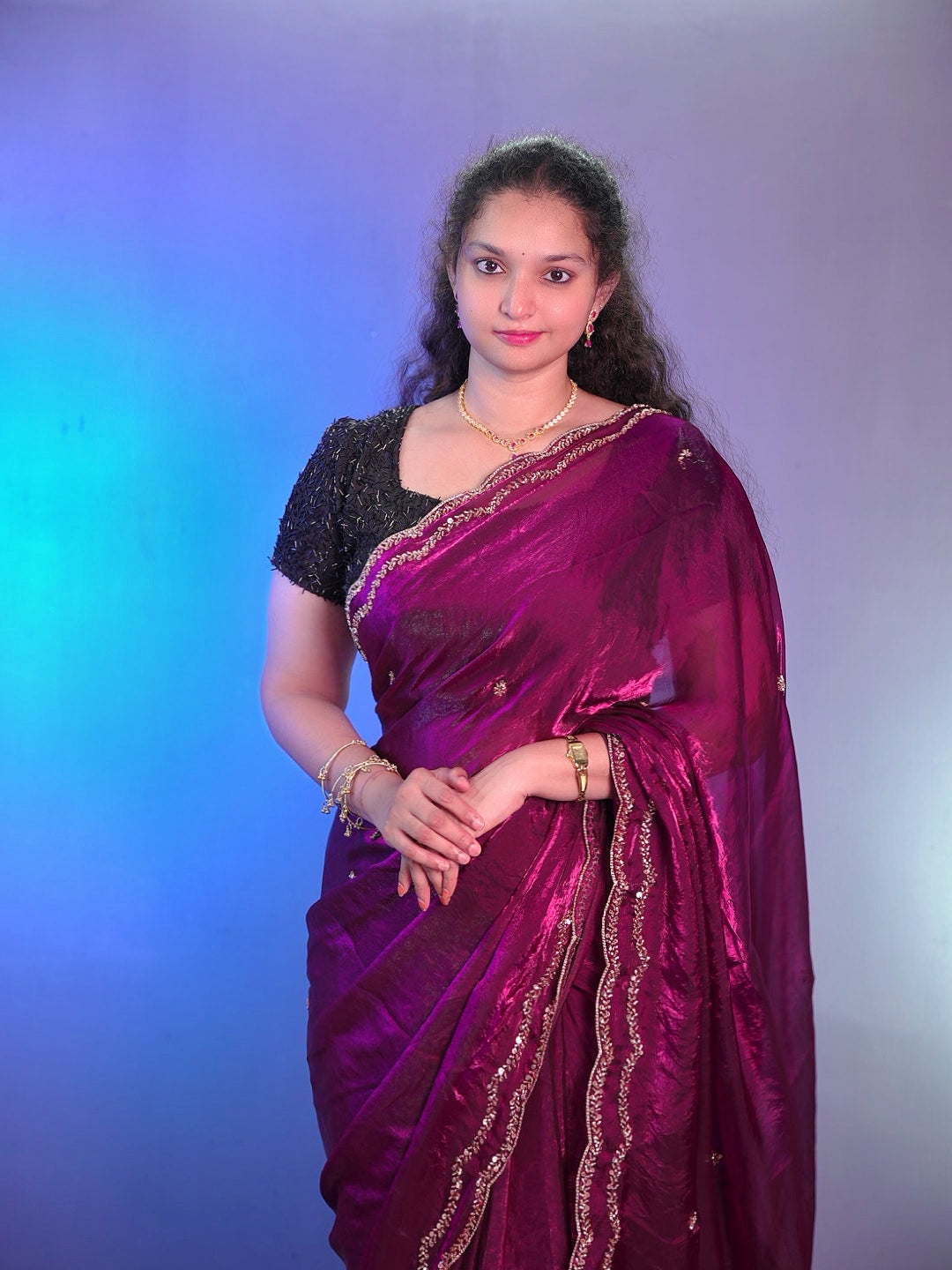 Space silk original handwork gold beads saree