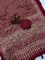 Semi modal crepe silk ajrak mirror saree