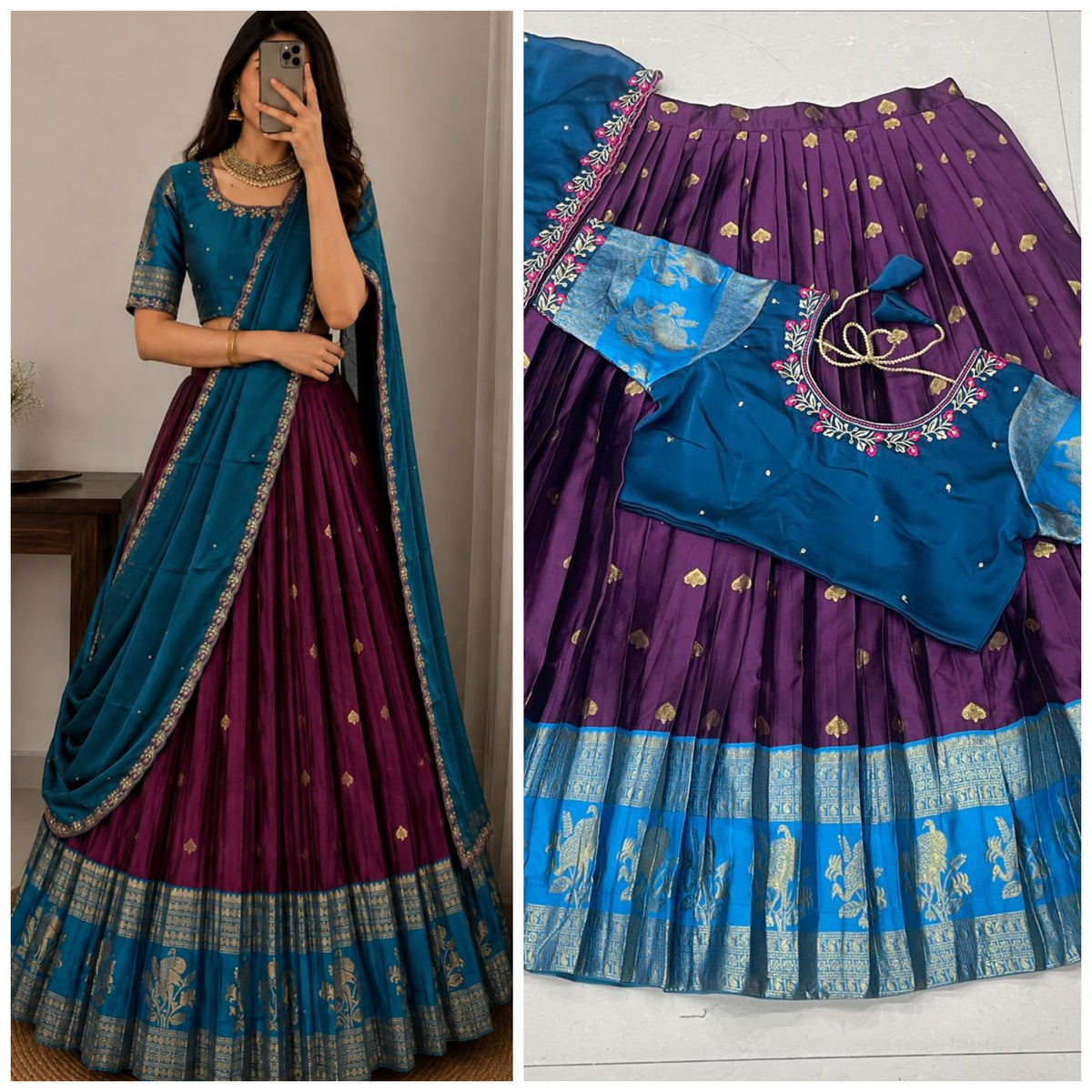 Semi kanjeevaram stype fully stitched half saree lehanga set
