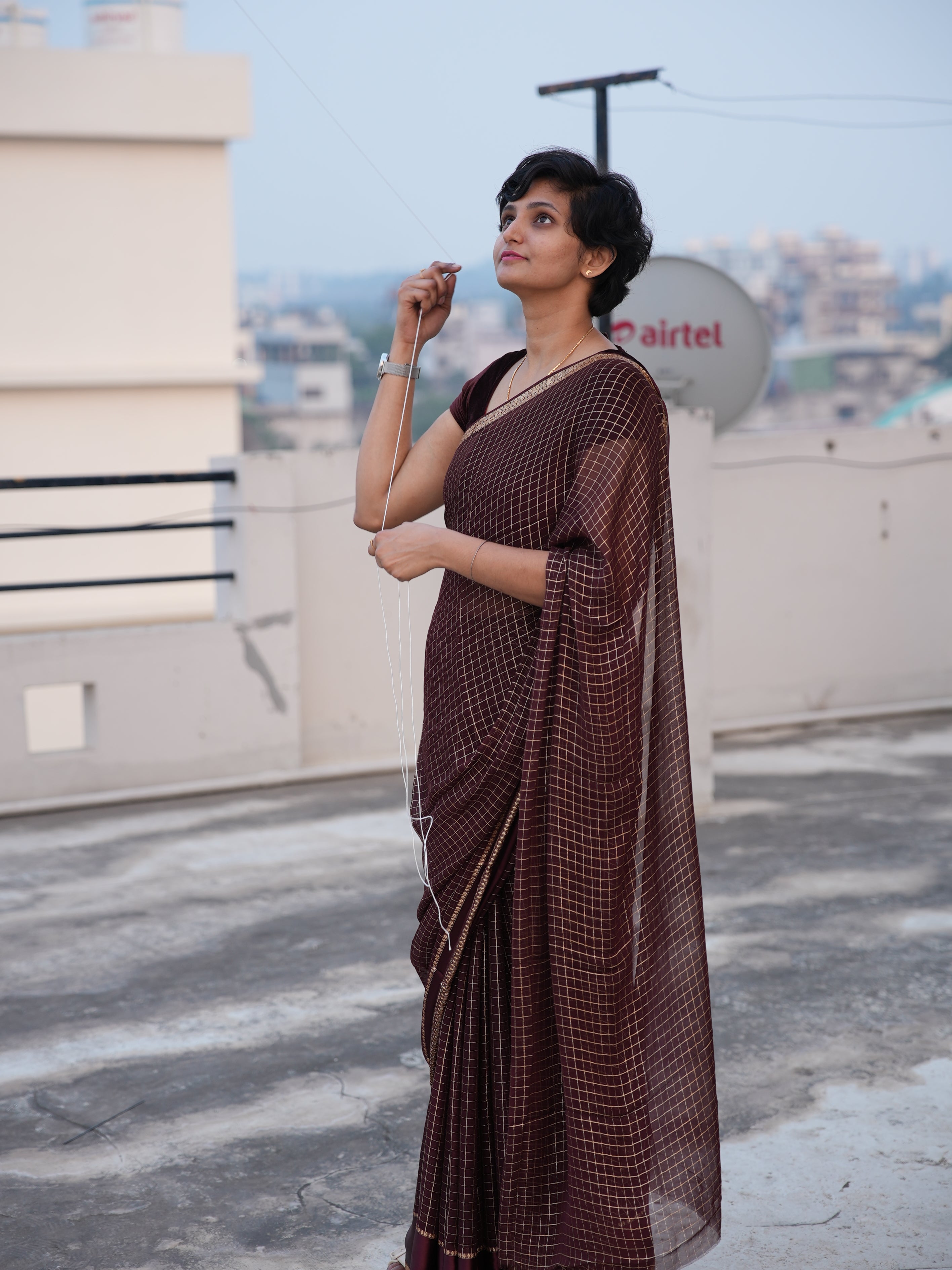 Viscose georgette vintage checks saree