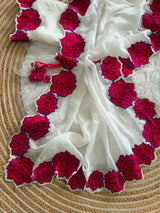 Ivory white and rose petals cutwork saree
