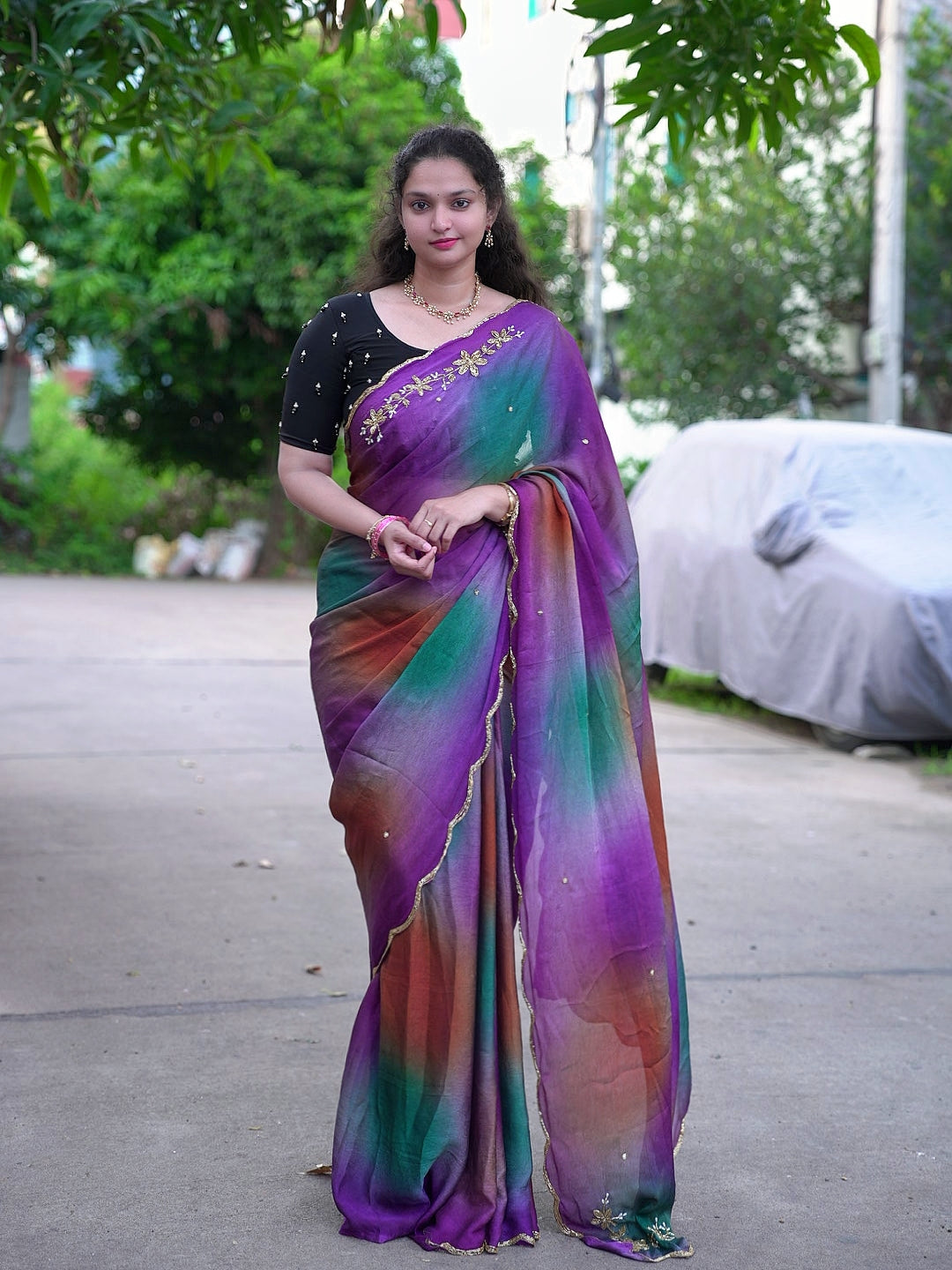 Soft pure rangoli crush abstract handwork saree