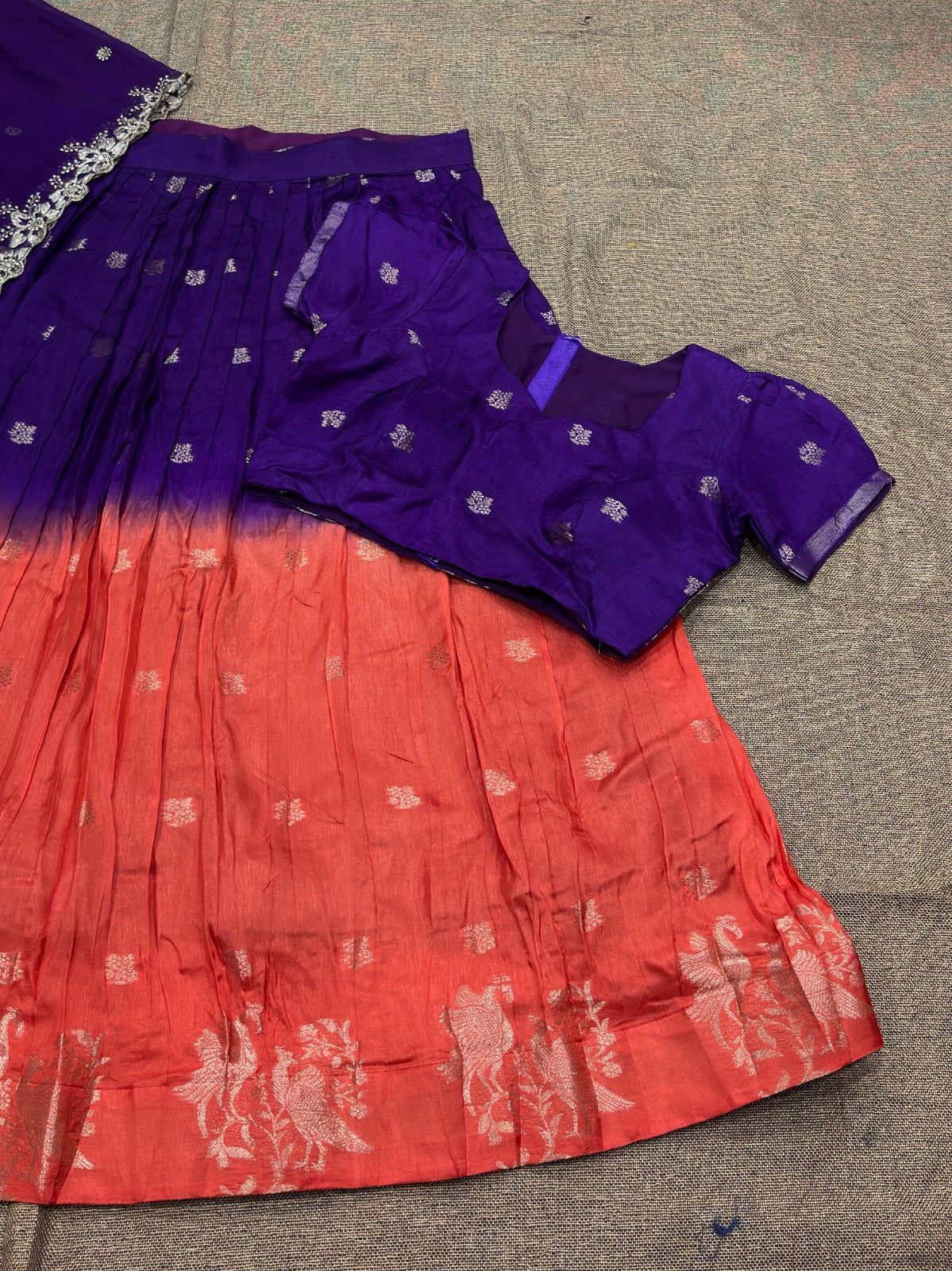 Full stitched purple and rust orange Lehanga