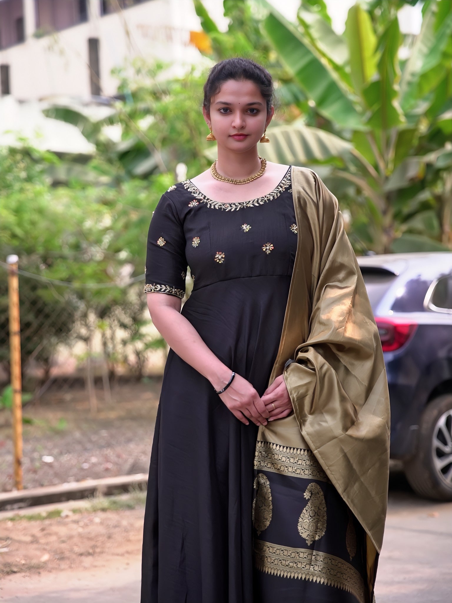 Beautiful maggam work gown and tissue dupatta