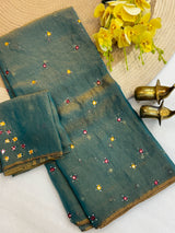 Mirror work soft moss georgette saree