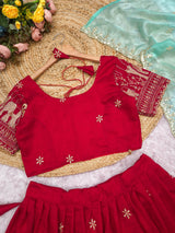 Heavy party wear Red-Ice blue fully stitched lehanga
