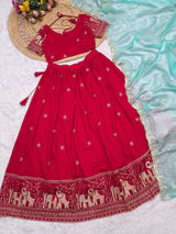 Heavy party wear Red-Ice blue fully stitched lehanga