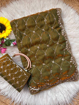 Space silk beads work saree with free desiner purse