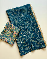Ajrak design crepe silk mirror saree